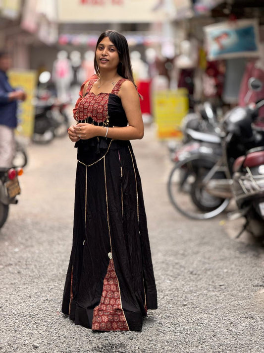 SHAGUN FASHION Black & Maroon Indo-Western Designer Crop Top & Skirt Set — Exclusive on zankhi.in