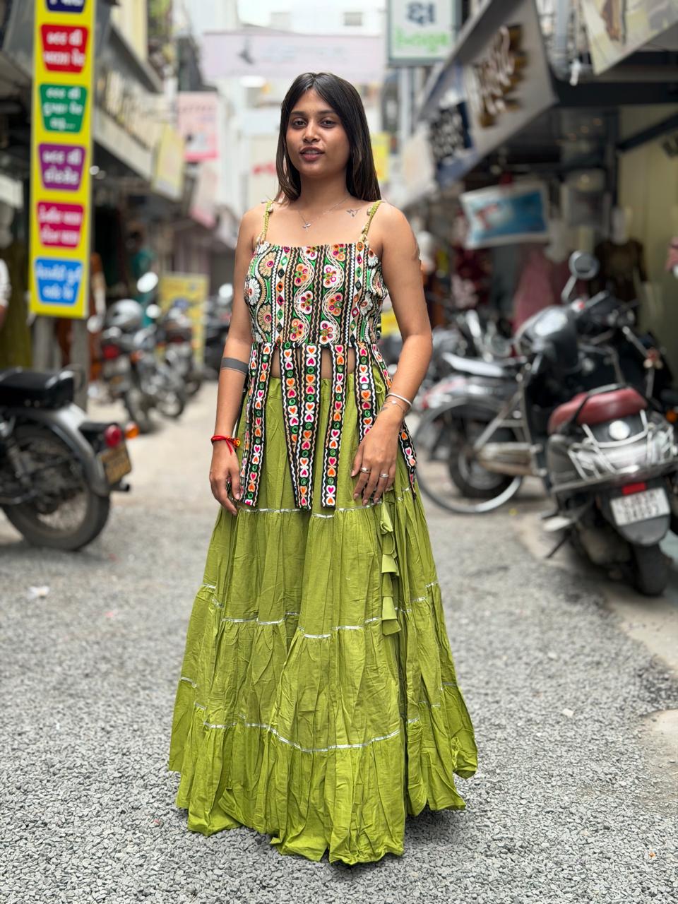 SHAGUN FASHION Designer Olive Green Indo-Western Lehenga Choli Set with Mirror Work Top