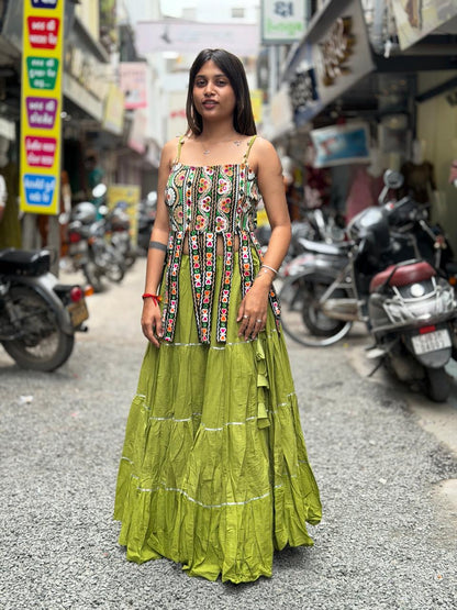 SHAGUN FASHION Designer Olive Green Indo-Western Lehenga Choli Set with Mirror Work Top