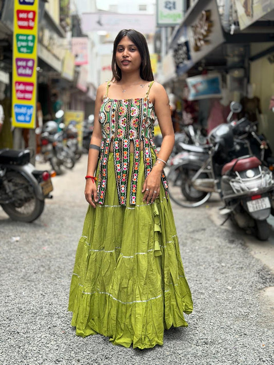 SHAGUN FASHION Designer Olive Green Indo-Western Lehenga Choli Set with Mirror Work Top