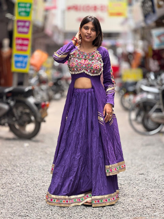 SHAGUN FASHION Premium Traditional Navratri Special Kutchi Work Front-Cut Long Choli & Lehenga Set with Shell Detailing