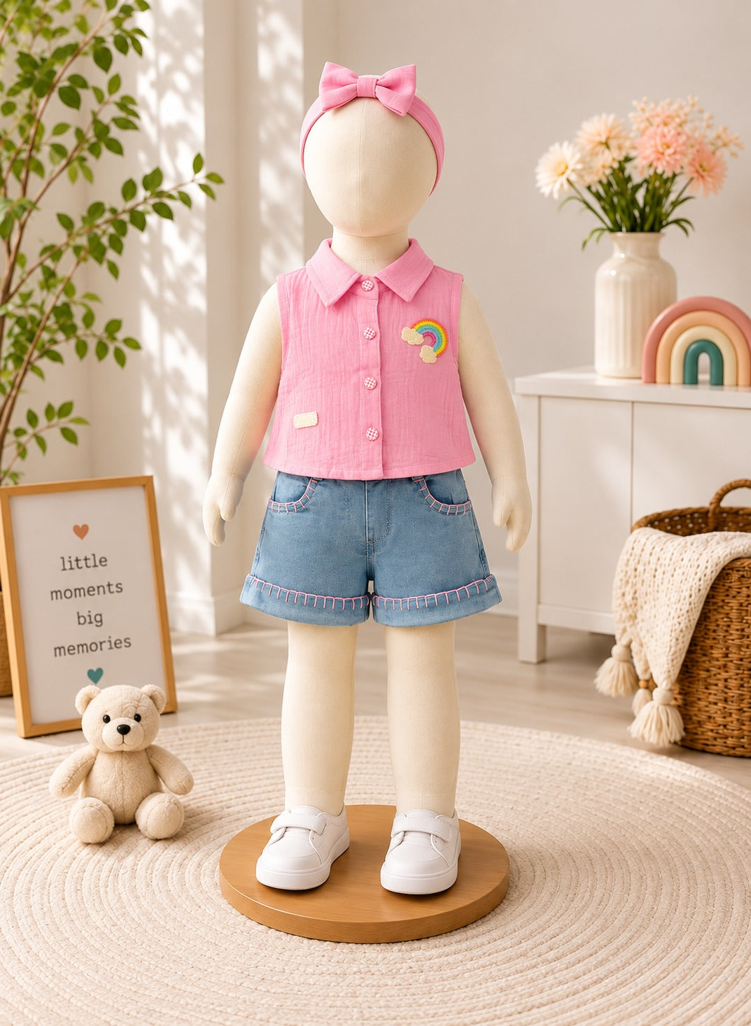 SHAGUN FASHION Cute Pink Sleeveless Top & Denim Shorts Set with Matching Headband for Girls