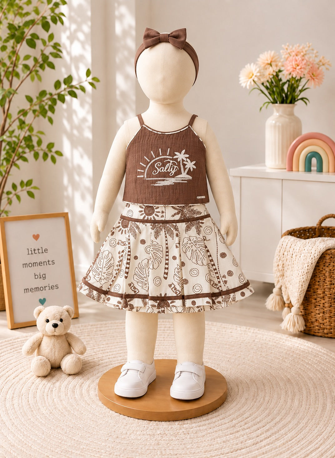 SHAGUN FASHION Cute Brown & Cream Printed Skirt Top Set with Matching Bow Headband