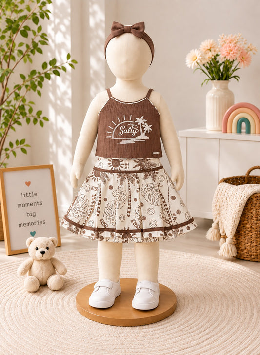 SHAGUN FASHION Cute Brown & Cream Printed Skirt Top Set with Matching Bow Headband