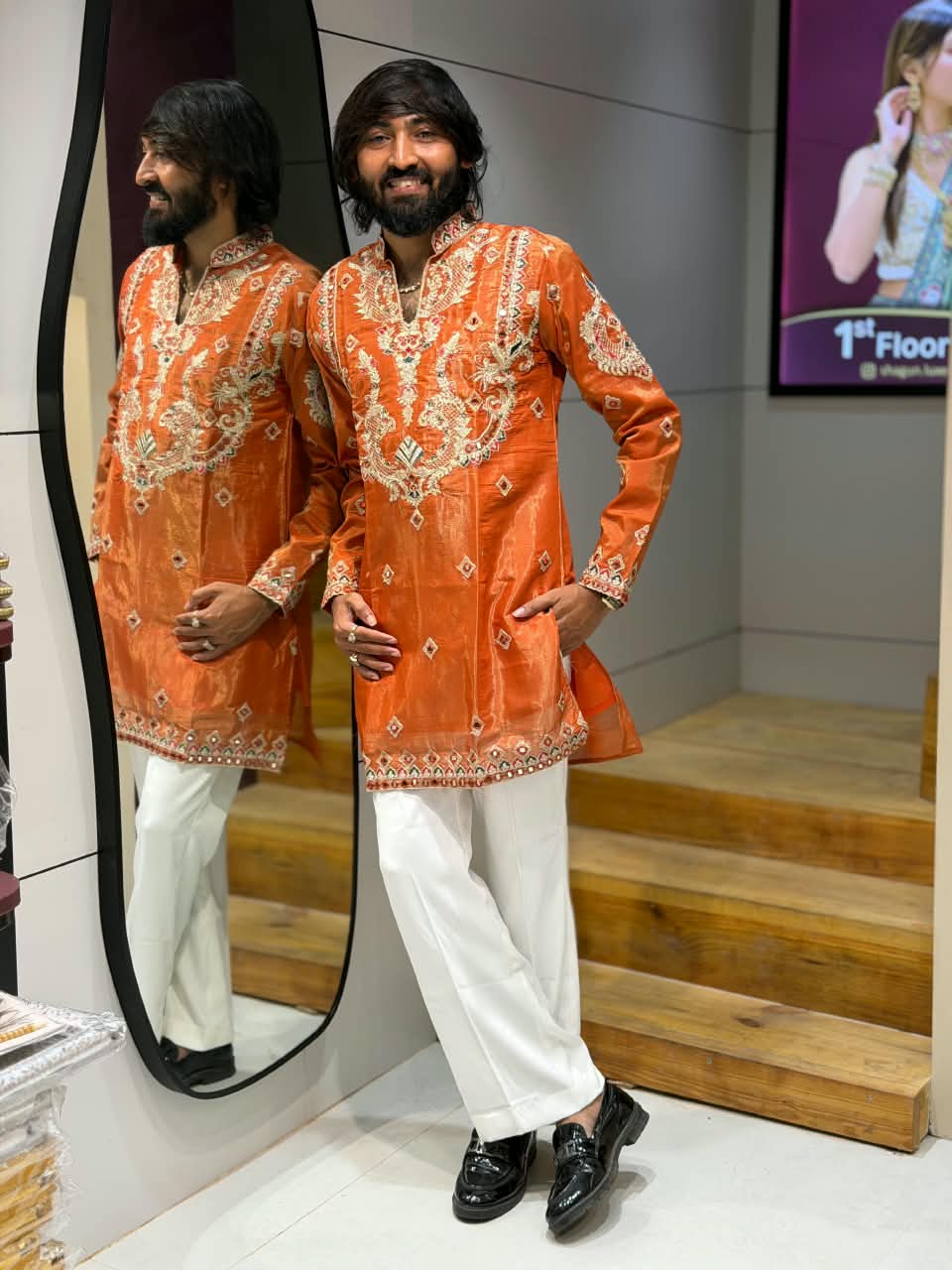 SHAGUN FASHION Men's Designer Mirror & Thread Work Short Kurta Set