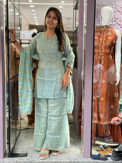 SHAGUN FASHION Elegant Hand-Embroidered Chanderi Silk Kurti Palazzo Set with Zari Dupatta