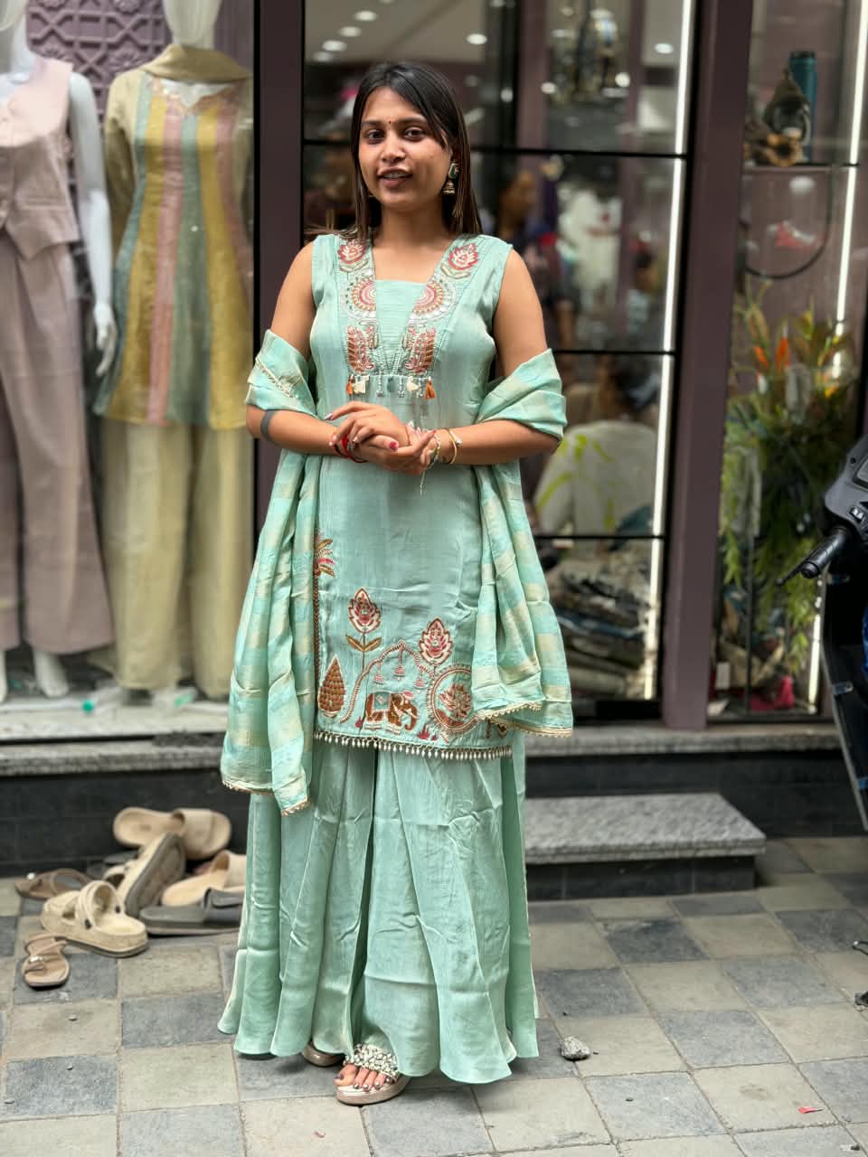 SHAGUN FASHION Premium Designer Handwork Sleeveless Kurti & Flared Sharara Set with Dupatta