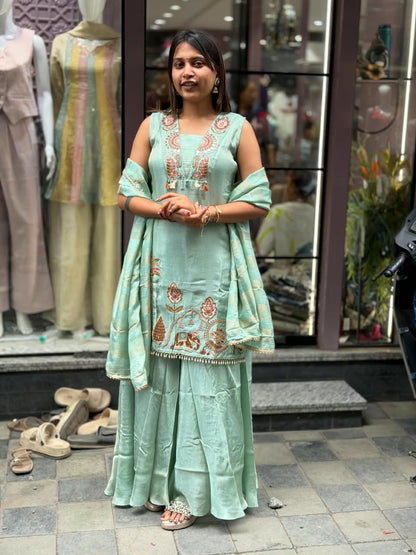 SHAGUN FASHION Premium Designer Handwork Sleeveless Kurti & Flared Sharara Set with Dupatta