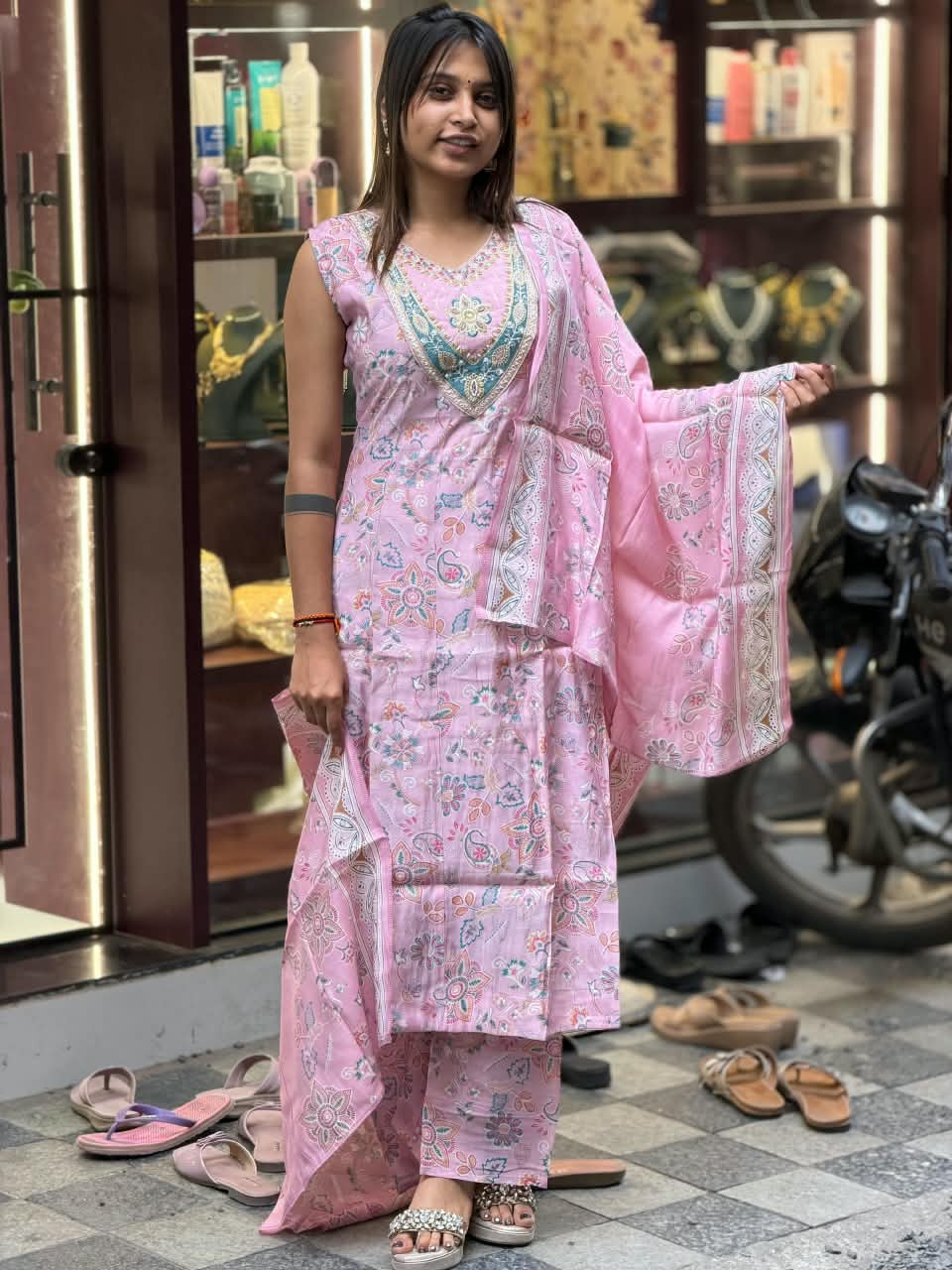 SHAGUN FASHION Premium Floral Print Cotton Kurta Set with Mirror Work Neckline & Matching Dupatta – Available on zankhi.in