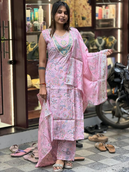 SHAGUN FASHION Premium Floral Print Cotton Kurta Set with Mirror Work Neckline & Matching Dupatta – Available on zankhi.in