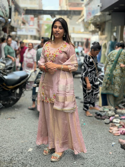 SHAGUN FASHION — Designer Hand-Embroidered Silk Kurti Palazzo Set with Dupatta