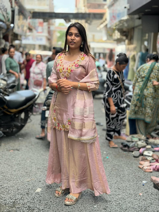 SHAGUN FASHION — Designer Hand-Embroidered Silk Kurti Palazzo Set with Dupatta