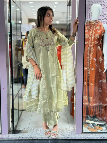 SHAGUN FASHION Premium Designer Embroidery & Mirror Work Silk Kurti Set with Striped Dupatta – Available on zankhi.in