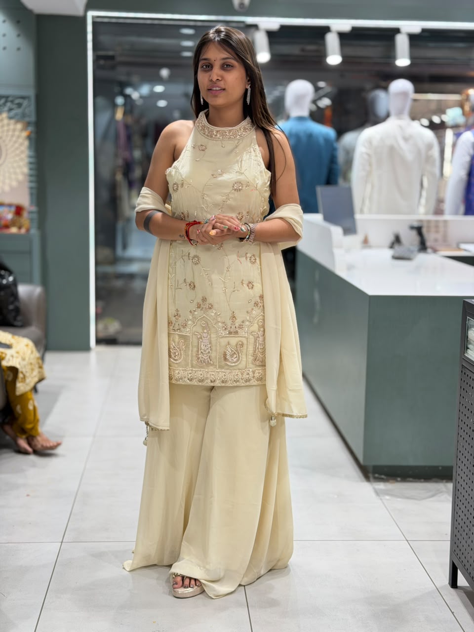 SHAGUN FASHION Elegant Cream Halter-Neck Sharara Suit Set – Exclusive on zankhi.in