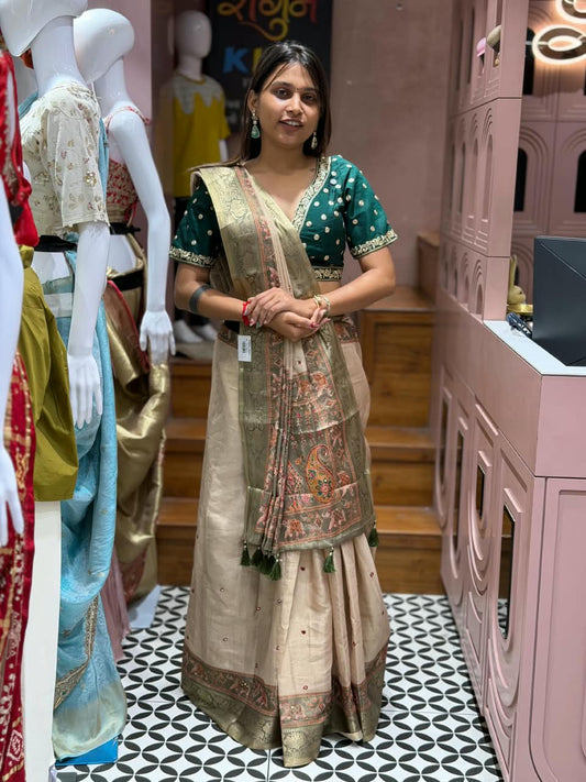 SHAGUN FASHION Premium Natural Linen Cotton Saree with Elephant Motif, Mirror Handwork Border & Matching Blouse Piece