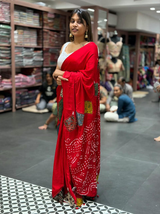 SHAGUN FASHION Exclusive Designer Bandhani Silk Saree with Patchwork Border & Tassels – Available on zankhi.in