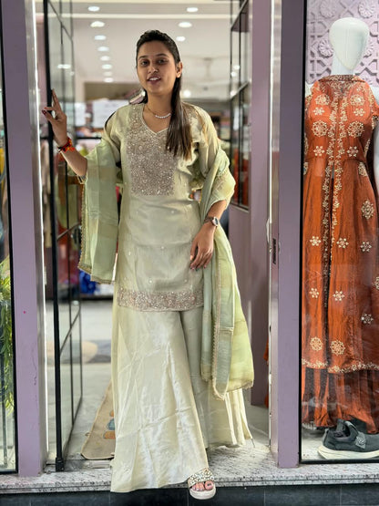SHAGUN FASHION Premium Embroidered Silk Kurti Sharara Set with Dupatta