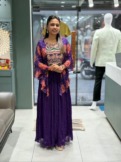 SHAGUN FASHION Premium Purple Georgette Bandhani Print Anarkali Gown with Heavy Embroidery & Shrug Dupatta