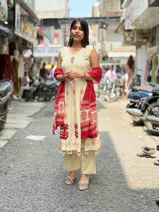 SHAGUN FASHION Premium Cream & Red Printed Cotton Kurti Set with Dupatta