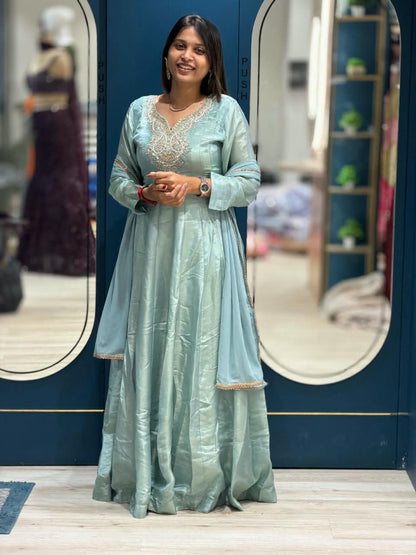SHAGUN FASHION Premium Heavy Silk Anarkali Suit Set with Embroidered Neck & Dupatta