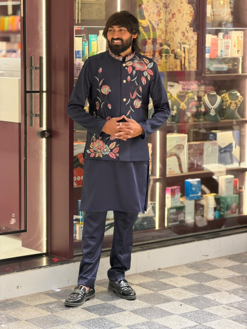 SHAGUN FASHION Men’s Floral Embroidered Kurta Jacket Set — Premium Festive Wear
