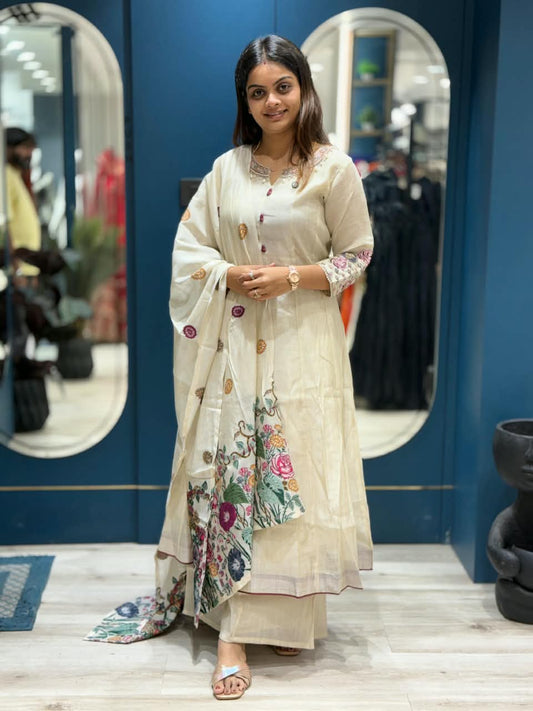 SHAGUN FASHION Off-White Premium Chanderi Silk Suit Set with Heavy Floral Back & Sleeve Embroidery | Multi-Color Floral Print Dupatta (Exclusively on zankhi.in)
