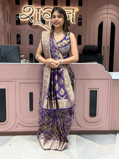 SHAGUN FASHION Premium Banarasi Art Silk Bandhani Jacquard Saree with Mirror-Work Heavily Embroidered Blouse Piece