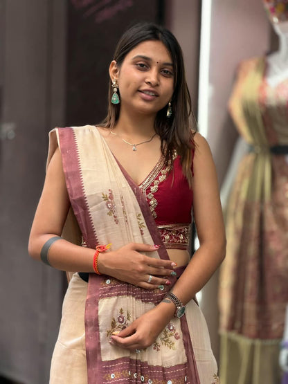 SHAGUN FASHION Designer Hand Embroidery Linen Cotton Saree with Mirror Work & Fancy Tassels