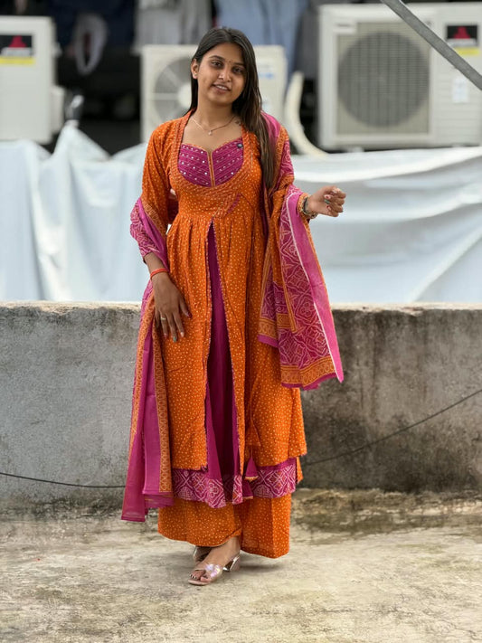 SHAGUN FASHION Premium Bandhani Print Layered Anarkali Kurti with Palazzo & Dupatta Set