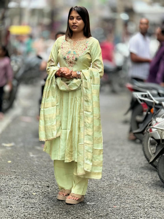 SHAGUN FASHION Premium Silk Blend Flared Anarkali Kurti, Pant & Zari Dupatta 3-Piece Set with Heavy Neck Embroidery
