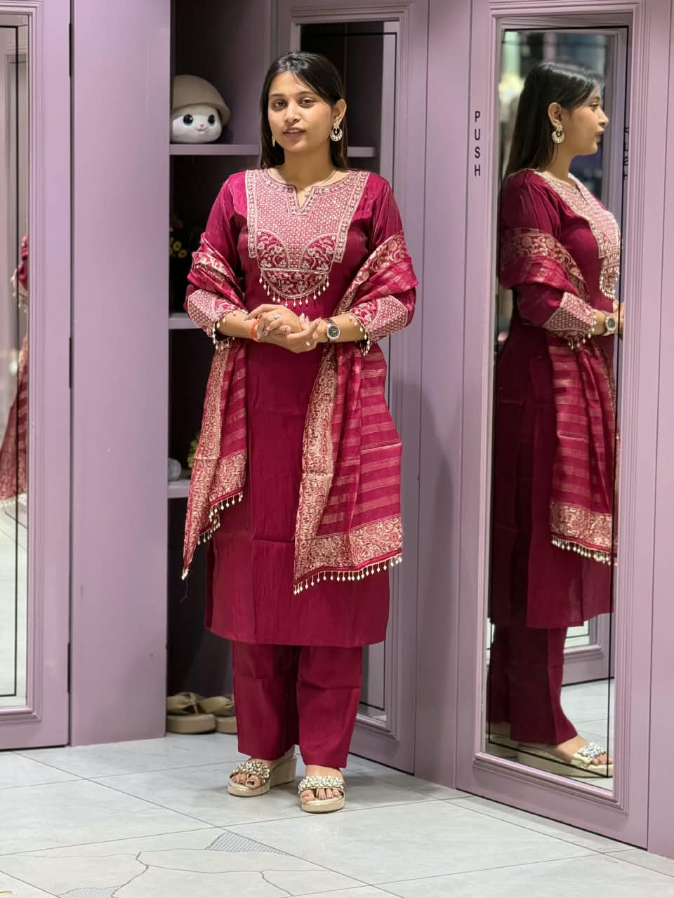 SHAGUN FASHION Premium Elegant Silk Straight Suit Set with Heavy Neck Embroidery, Pearl Latkan & Zari Woven Dupatta