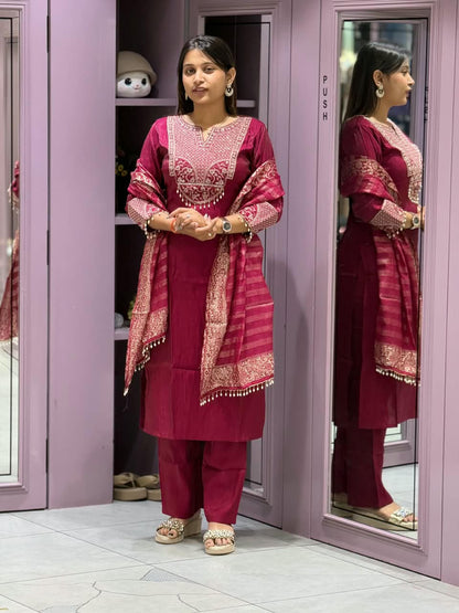 SHAGUN FASHION Premium Elegant Silk Straight Suit Set with Heavy Neck Embroidery, Pearl Latkan & Zari Woven Dupatta