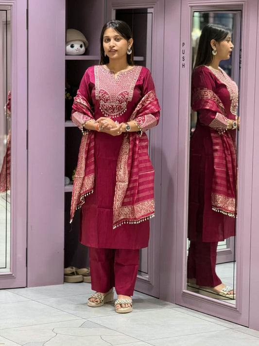 SHAGUN FASHION Premium Elegant Silk Straight Suit Set with Heavy Neck Embroidery, Pearl Latkan & Zari Woven Dupatta