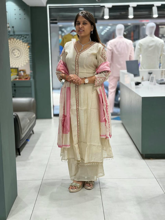SHAGUN FASHION Premium Off-White Silk Blend Embroidered Kurti Palazzo Set with Pink Dupatta – Available Exclusively on zankhi.in
