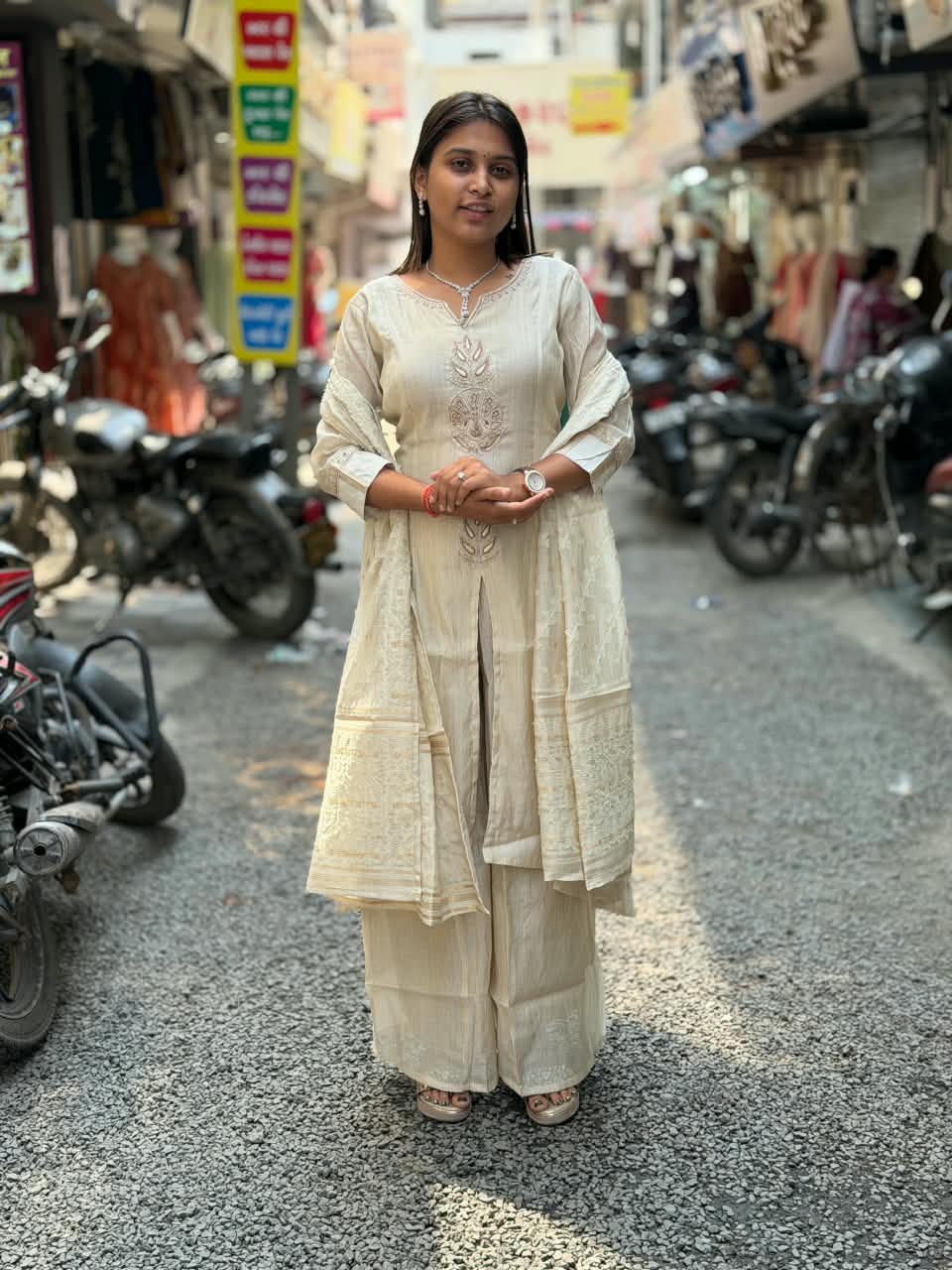 SHAGUN FASHION – Premium Designer Handwork Off-White Kurti, Palazzo & Dupatta Set