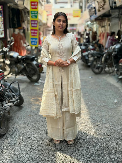 SHAGUN FASHION – Premium Designer Handwork Off-White Kurti, Palazzo & Dupatta Set