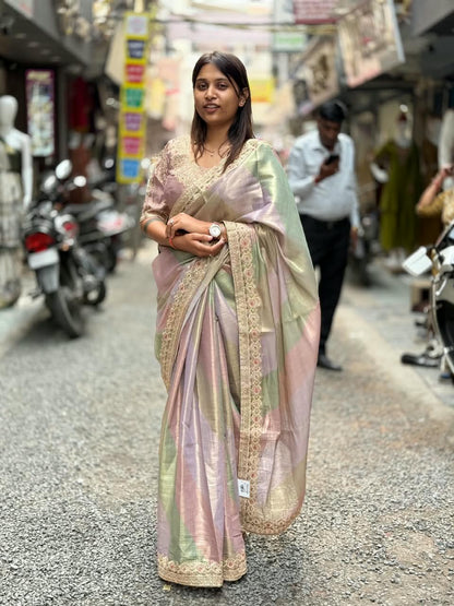 SHAGUN FASHION Designer Organza Tissue Saree with Heavy Handwork Blouse | Multi-Color Pastel Festival & Wedding Saree Collection