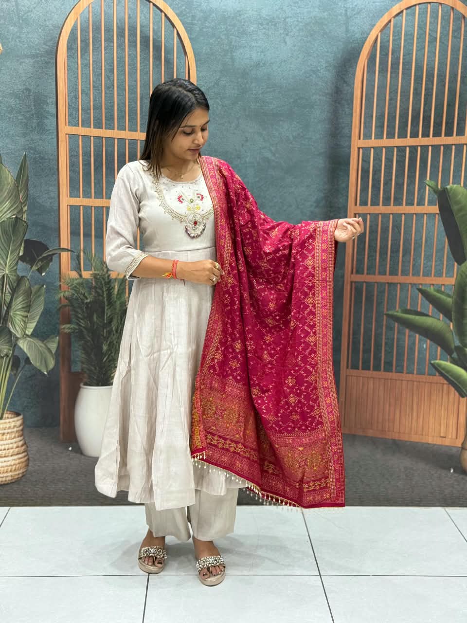 SHAGUN FASHION Premium Off-White Anarkali Kurti Pant Set with Rich Woven Designer Dupatta