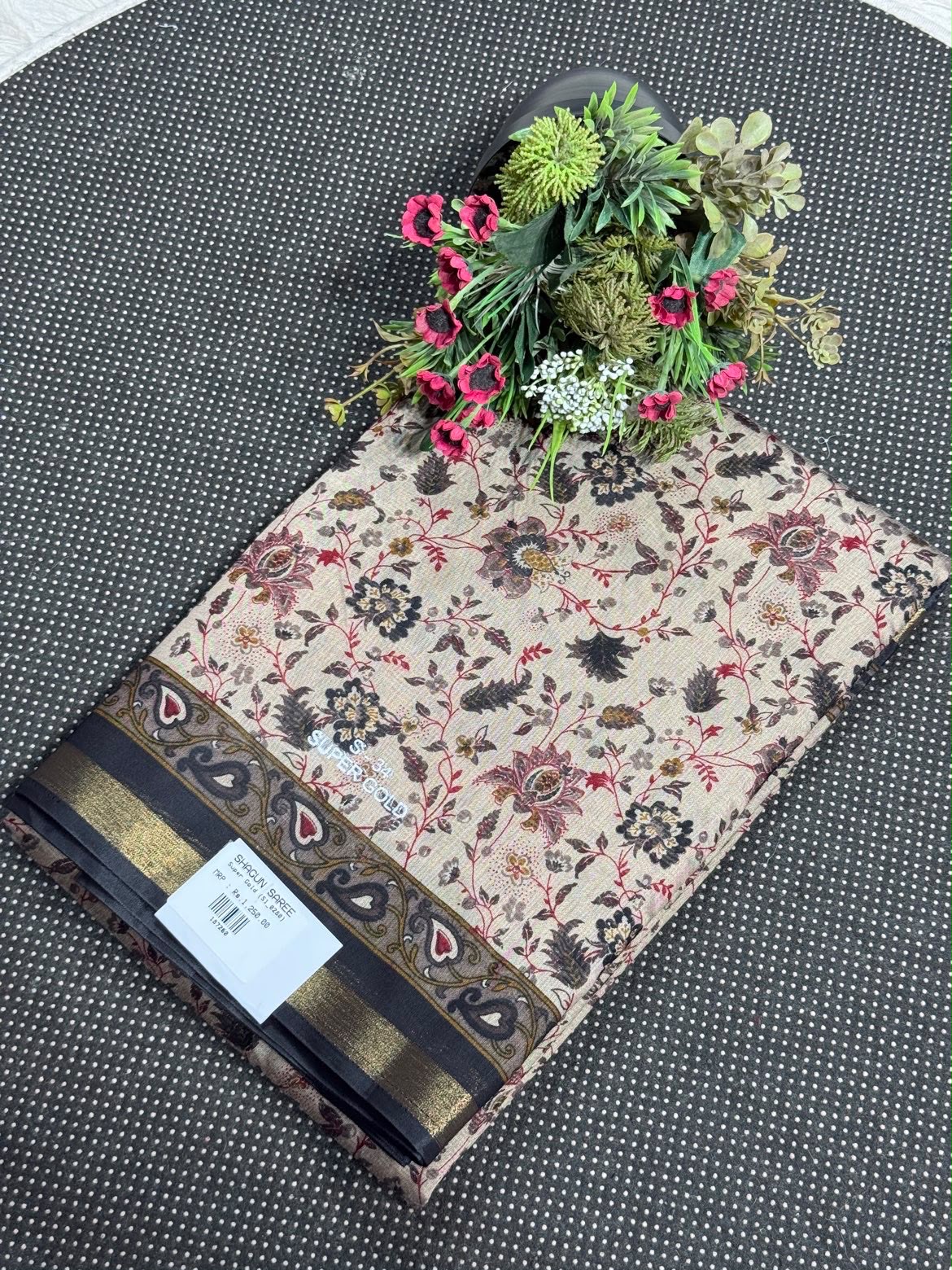 SHAGUN FASHION - Super Gold Floral Print Saree with Zari Border