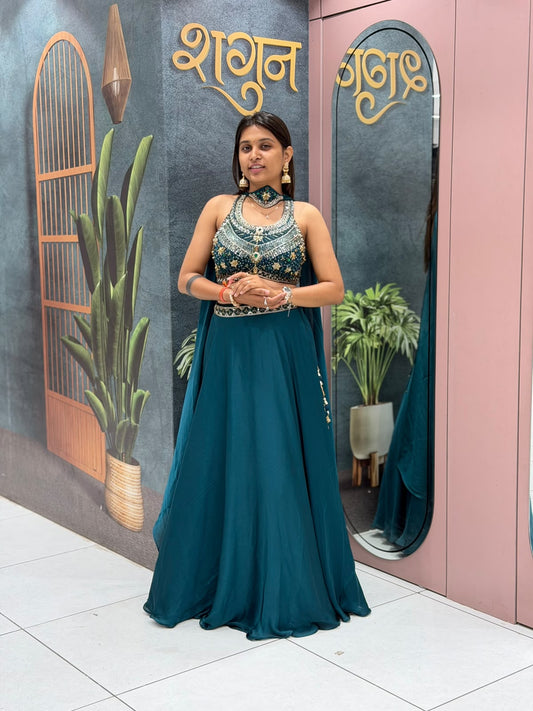 Designer Peacock Blue Embroidered Crop Top & Georgette Lehenga Choli Set - SHAGUN FASHION