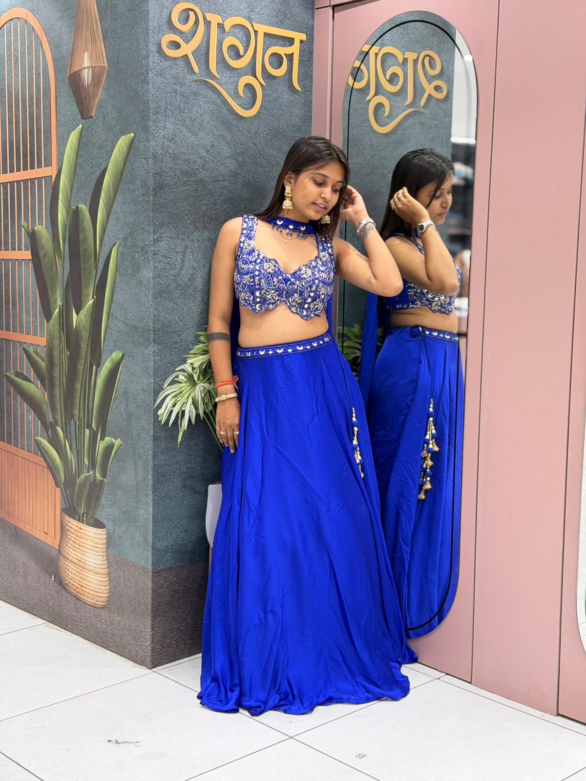 SHAGUN FASHION Royal Blue Heavy Mirror & Zari Work Designer Lehenga Choli Set with Matching Choker Dupatta