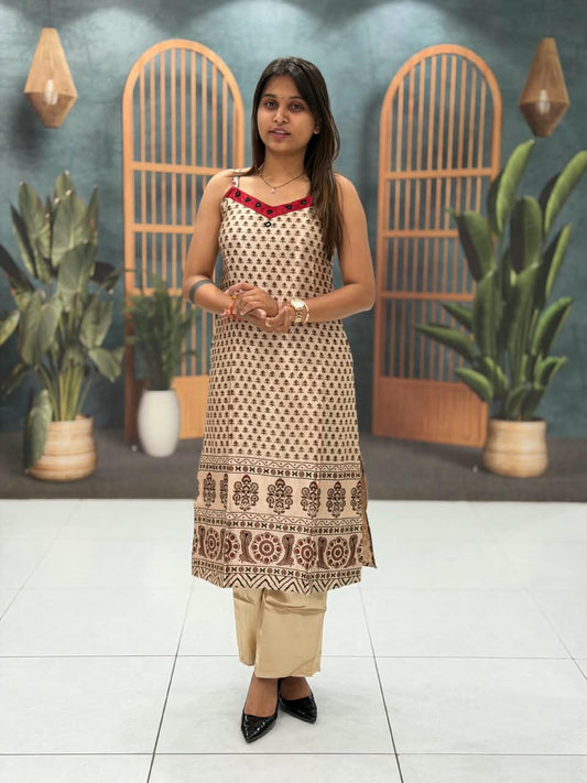 SHAGUN FASHION – Beige Printed Cotton Strappy Kurti with Pants Set