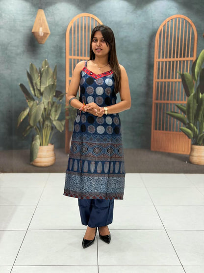 SHAGUN FASHION Exclusive Indigo Blue Printed Kurti & Palazzo Set – Traditional Mirror Work Neckline
