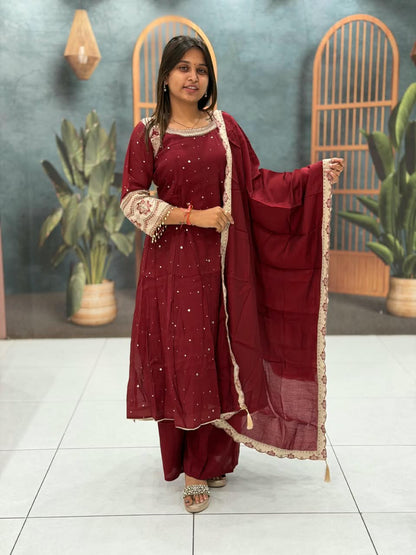 SHAGUN FASHION Premium Deep Maroon Anarkali Suit Set with Embroidered Neckline & Matching Dupatta