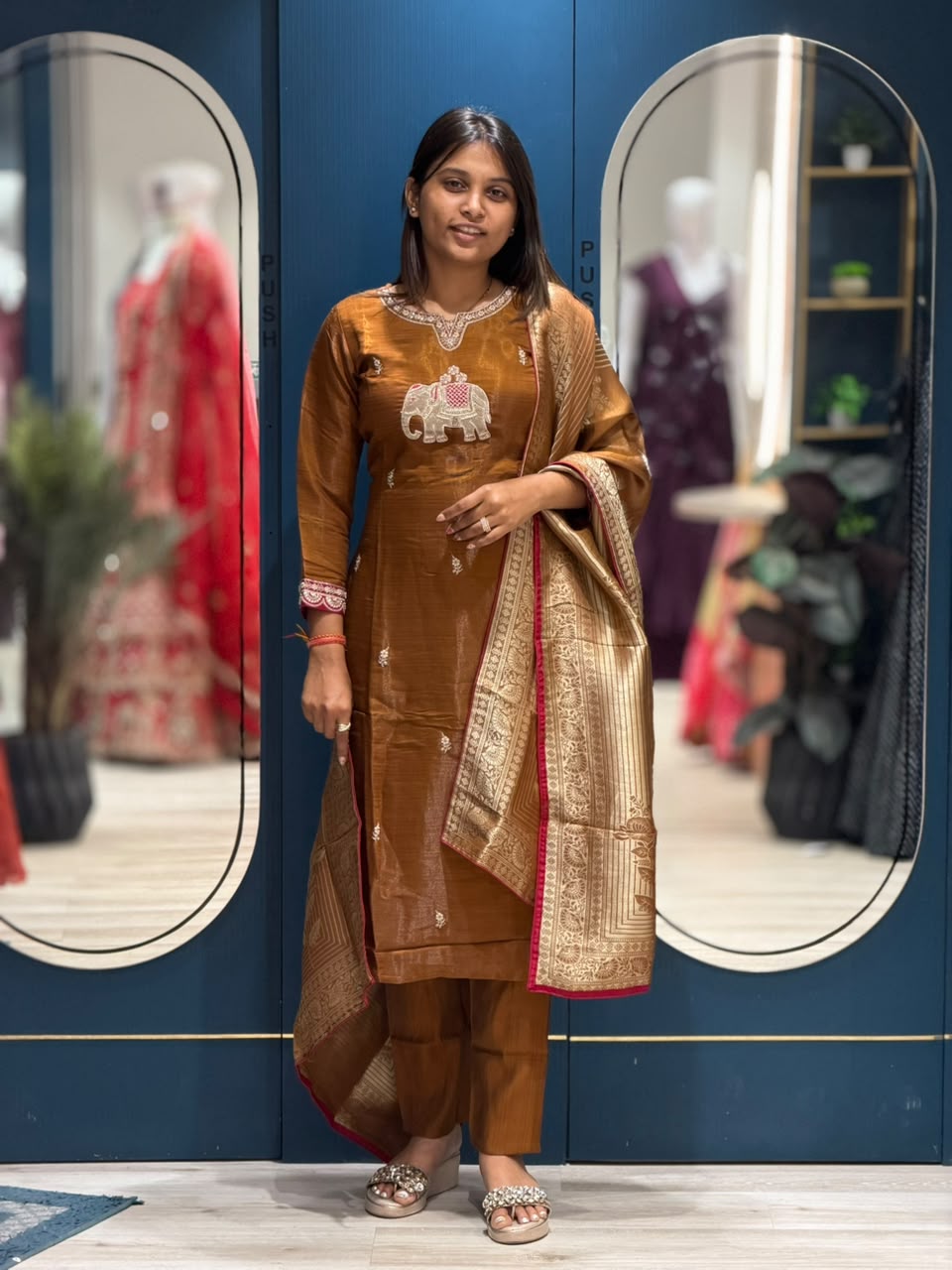 SHAGUN FASHION – Designer Elephant Motif Silk Suit Set with Banarasi Dupatta