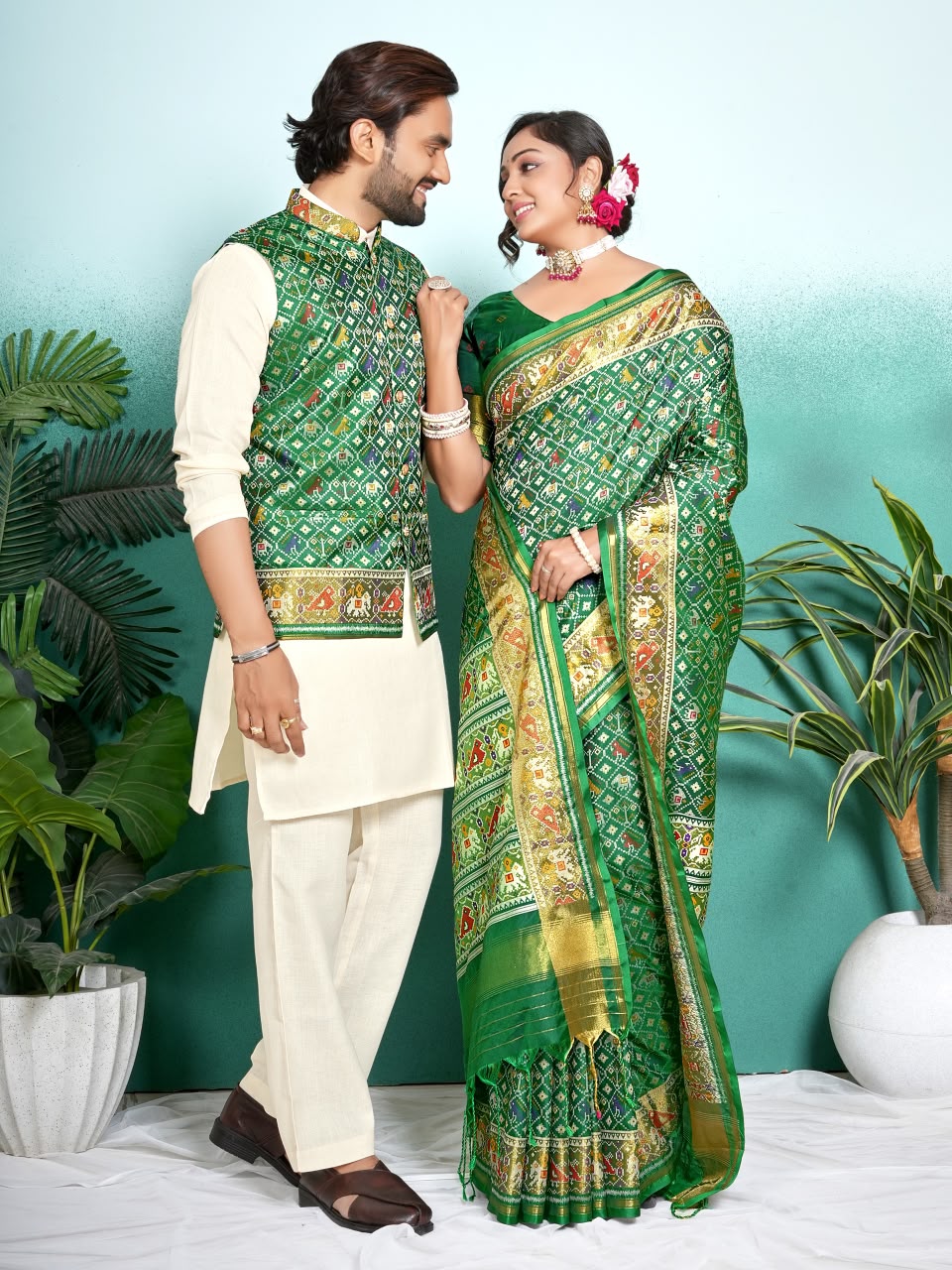 SHAGUN FASHION Premium Designer Couple Combo Set – Matching Patola Silk Saree & Men’s Kurta Jacket Set