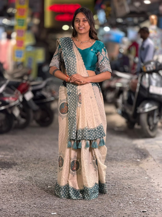 SHAGUN FASHION Exclusive Natural Linen Cotton Saree with Traditional Circular Motifs, Mirror Handwork & Designer Tassels