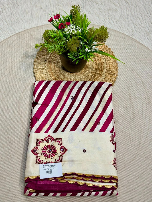 SHAGUN FASHION Premium Uniform Silk Saree with Leheriya Stripes & Mirror Work Mandalas