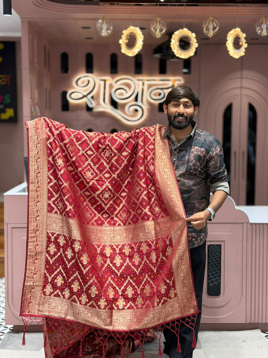 SHAGUN FASHION Premium Gajji Silk Patola & Bandhani Print Saree with Heavy Zari Weaved Pallu & Tassels