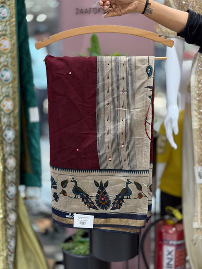 SHAGUN FASHION Premium Kalamkari & Peacock Printed Tussar Silk Saree with Contrast Blouse Piece